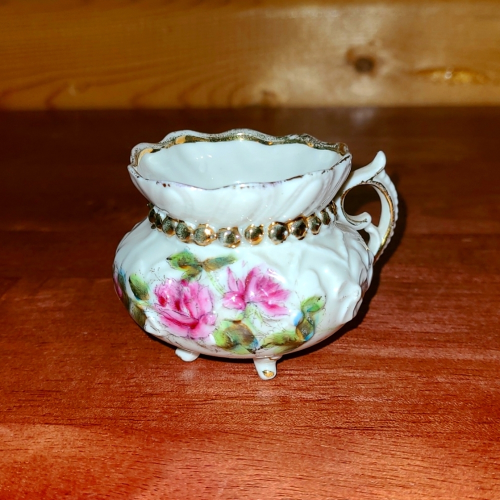 Vintage Fine China Footed Bowl with Handle Trinket Cup Hand Painted Pink Roses